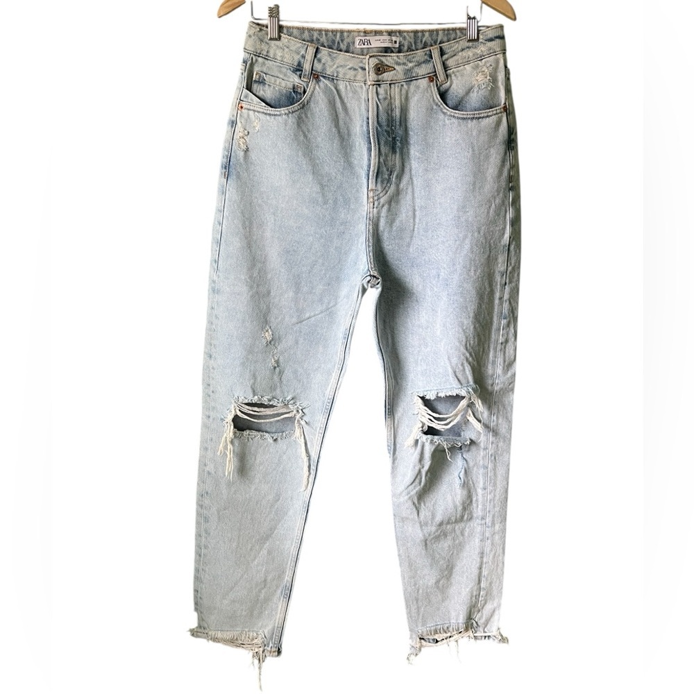Zara Womens Light Wash Distressed Jeans Blue Tapered Holes 8